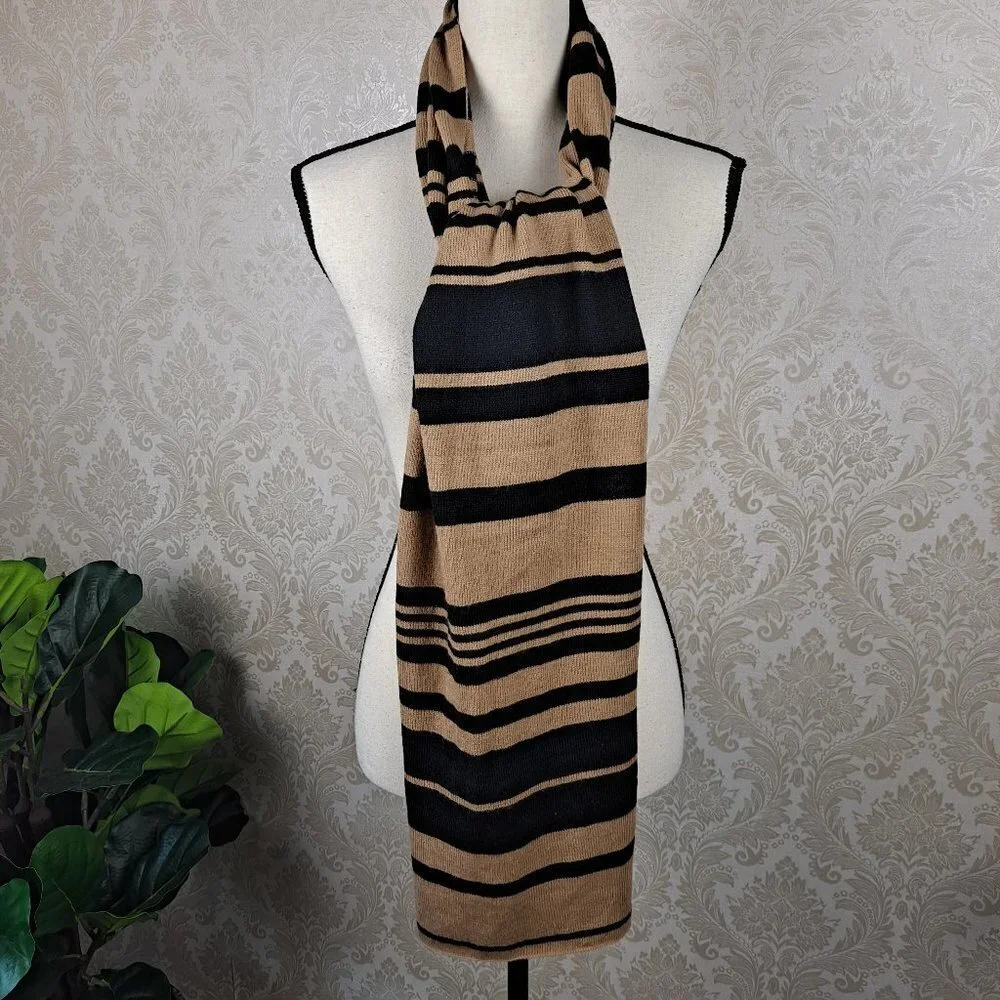 Caramel and Black Striped Knit Oblong Scarf EUC